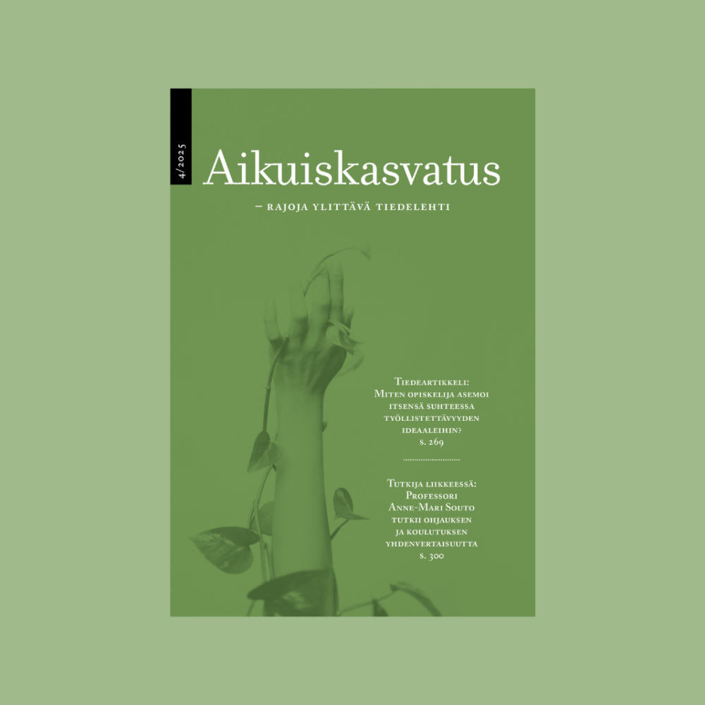 Vaaleanvihreällä pohjalla lehdenvihreä Aikuiskasvatus-tiedelehden kansikuva